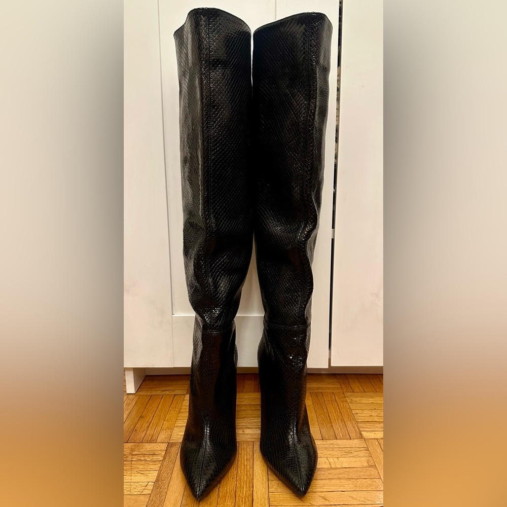 Zara Black Textured Knee-High Block Heel Boots - Picture 13 of 16
